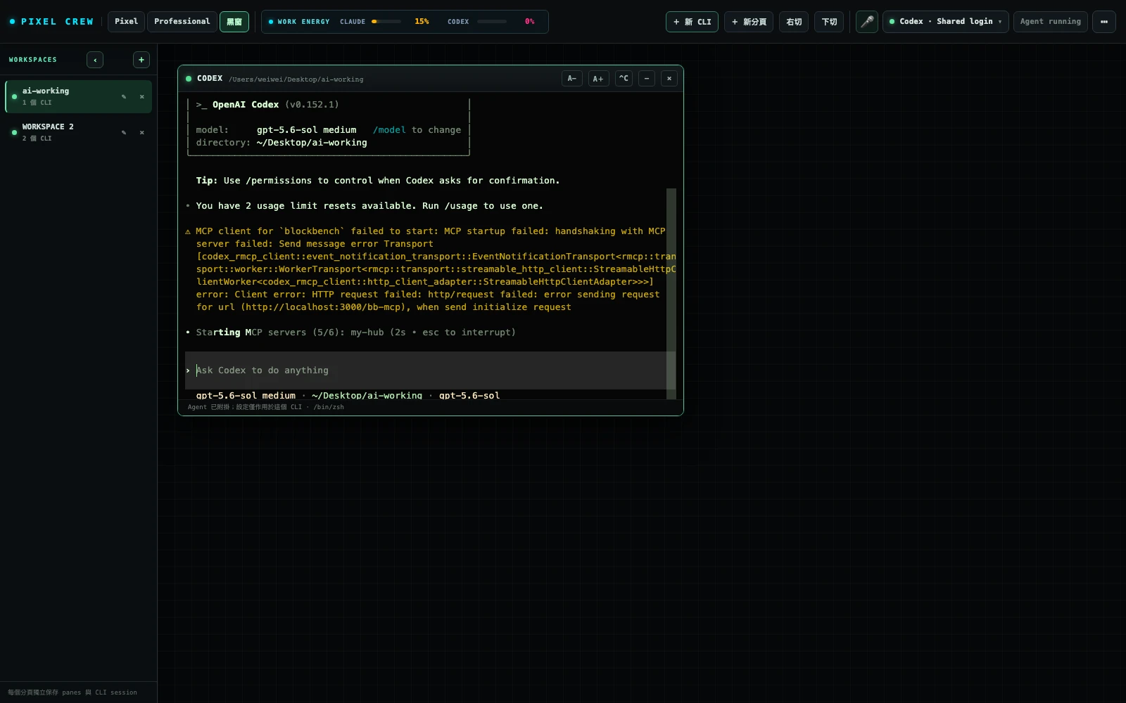 Black Window: a list of workspace tabs on the left, and a real Codex CLI terminal pane on the right showing a hooks-trust confirmation prompt